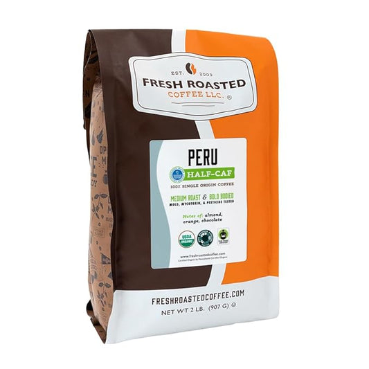 Fresh Roasted Coffee, USDA Organic Peru Water-Processed Half-Caf | 3rd Party Tested for Pesticides, Mold, Mycotoxins, Kosher | 100% Arabica, Specialty Grade, Med Roast 2 lb (32 oz) Whole Bean