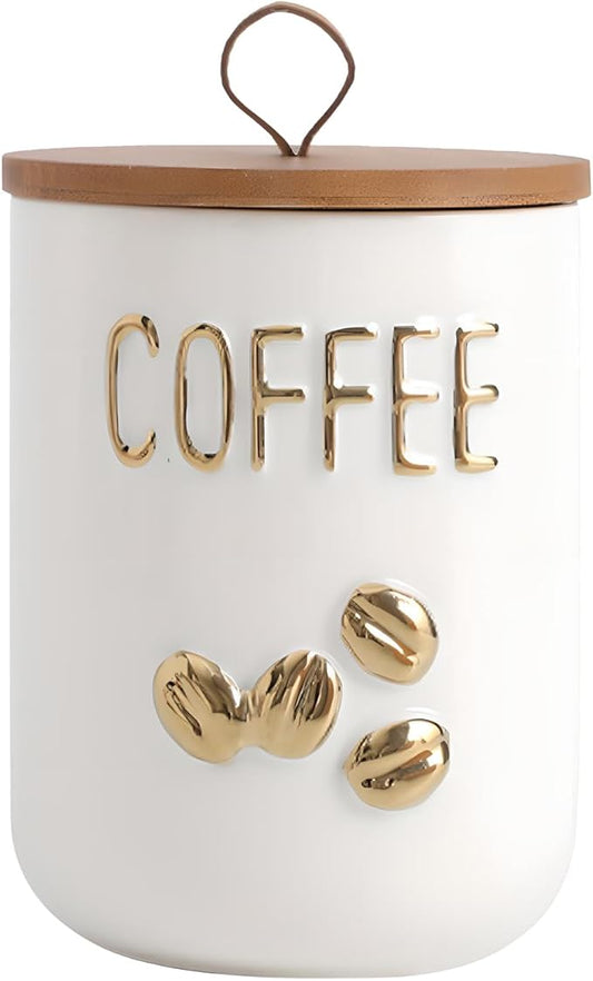 YYW Kitchen Canisters for Countertop, White Airtight Ceramic Canister with Seal Wooden Lid Storage Container for Coffee Bean Ground Coffee Sugar and Tea (White(coffee))