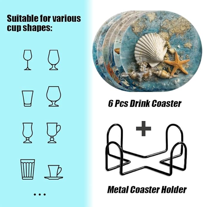 Absorbent Beach Coasters Set of 6 Retro Marine Creatures Coasters Cork Base Tabletop Protection,Home Coast Nautical Coasters for Bar Kitchen Decor Suitable for Wooden Table Coffee Tables,Desks