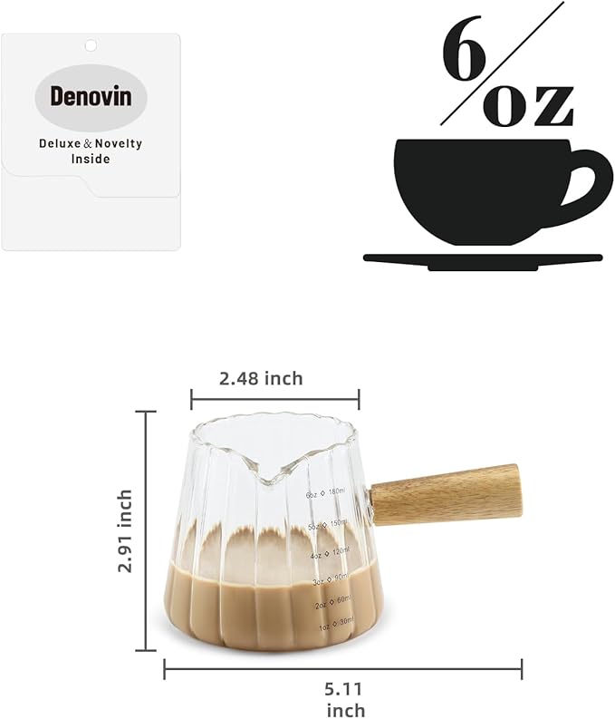 Glass Measuring Cup, 6oz Creamer Pitcher with Wood Handle, Creative Milk Frothing Pitcher Creamer Shot Glass (Transparent)
