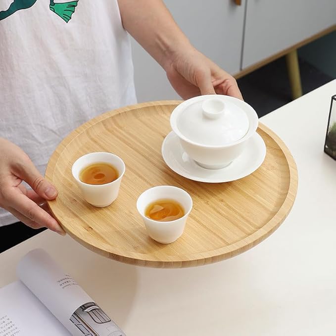 Round Bamboo Tray, Wood Serving Tray, Wooden Platter, Wood Charcuterie Board, Decorative Tray for Coffee Table, 11.8 inch