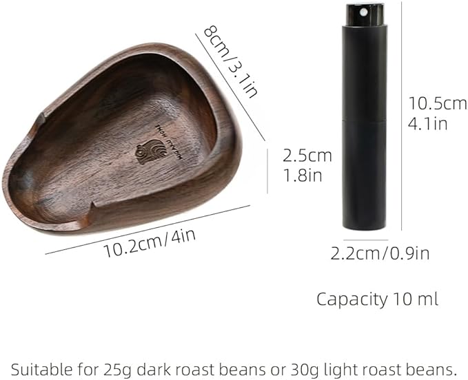 MIGAKU HOME Coffee Bean Dosing Cup & RDT Spray Bottle Set - Walnut Wood Espresso Accessories Kit with Static Reduction Spray, Measuring Tray for Coffee/Tea ﻿