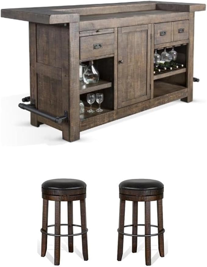 Pemberly Row 3-Piece Set with Gorgeous Bar Unit and 2 Backless Swivel BarStools