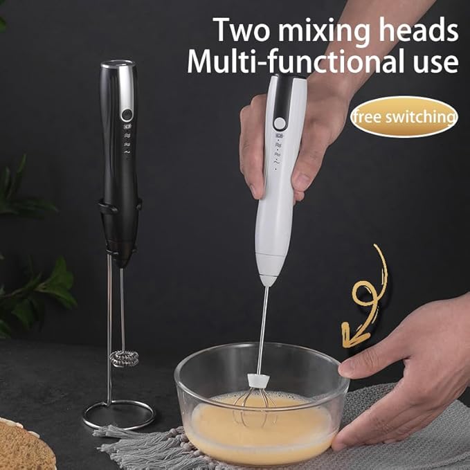 Ruciko Rechargeable 3-Speed Electric Milk Frother,Stainless Steel,Mini Handheld.Quick Type-C Charging for Lattes,Coffee,Egg Whipping & Hot Choc.With Double-Layer Frothing Head & Stand.(black)