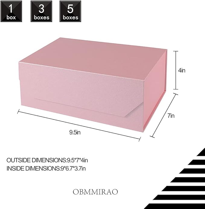 Upgrade 5PCS Pink Gift Box 9.5x7x4 Inches, Sturdy Gift Box with Lid for Gift Packaging, Foldable Magnetic Closure Storage Boxes, Bridesmaid proposal box, Rectangle Collapsible Box