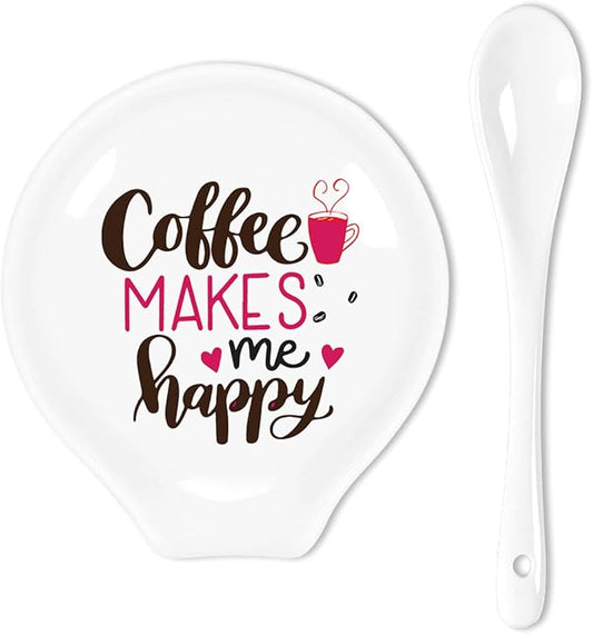 Funny Coffee Quote Colored Pattern Ceramic Coffee Spoon Holder-Coffee Spoon Rest -Coffee Station Decor Coffee Bar Accessories-Coffee Lovers Gift for Women and Men (Coffee Makes Me Happy)