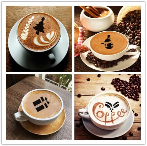 36 Coffee Decorating Stencils + 2 Stainless Steel Mesh Powder Shaker, Magnoloran Foam Latte Art Stencils Barista Templates for Decorating Oatmeal Cupcake Cake Cappuccino Mousse Hot Chocolate