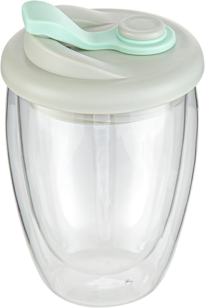 Restaurantware Glass Travel Mug 1 Count 12 Ounce Double Wall Borosilicate Reusable Coffee Cup, Spill-Resistant Gray and Green Silicone Lid, Clear Drinkware Mug for Hot and Cold Beverages