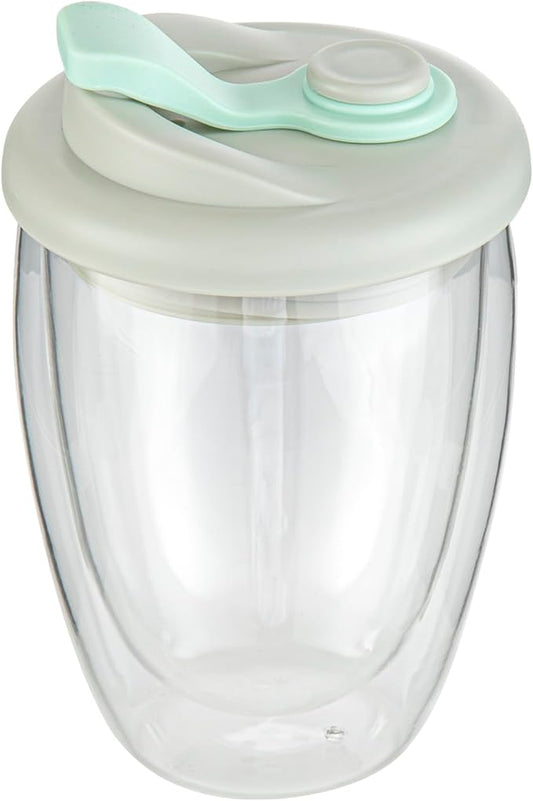 Restaurantware Glass Travel Mug 1 Count 12 Ounce Double Wall Borosilicate Reusable Coffee Cup, Spill-Resistant Gray and Green Silicone Lid, Clear Drinkware Mug for Hot and Cold Beverages