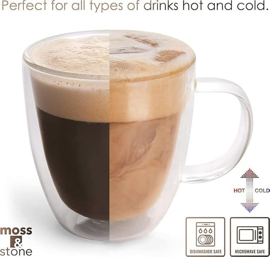 Moss & Stone Set of 4 Double Wall Glass Cup Clear Mug, Double Walled Coffee Mugs 7.4 Oz, Glass Tea Mugs, Insulated Coffee Mug With Handle & 2 Glass Spoons, Cappuccino Cups Set