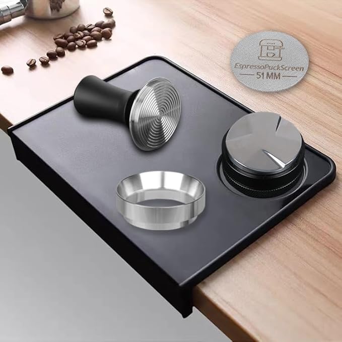 51mm Espresso Tamper Kit - Spring-loaded Coffee Tamper, Adjustable Depth Espresso Distributor Leveler, Magnetic Dosing Funnel Aluminum Metal, Reusable Puck Screen, Fit Delonghi 51mm Portafilters
