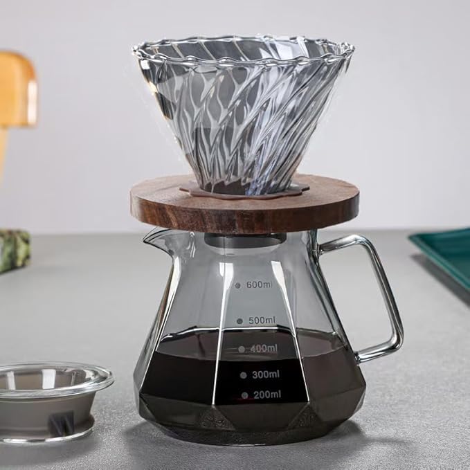 BeeCa Smoked Glass Pour Over Coffee Maker Set, 20oz/600ml All-in-One Brewer, Borosilicate Carafe with Handle & Lid, Includes 50 cone-shaped paper filters (Size 02), Home Office Essential