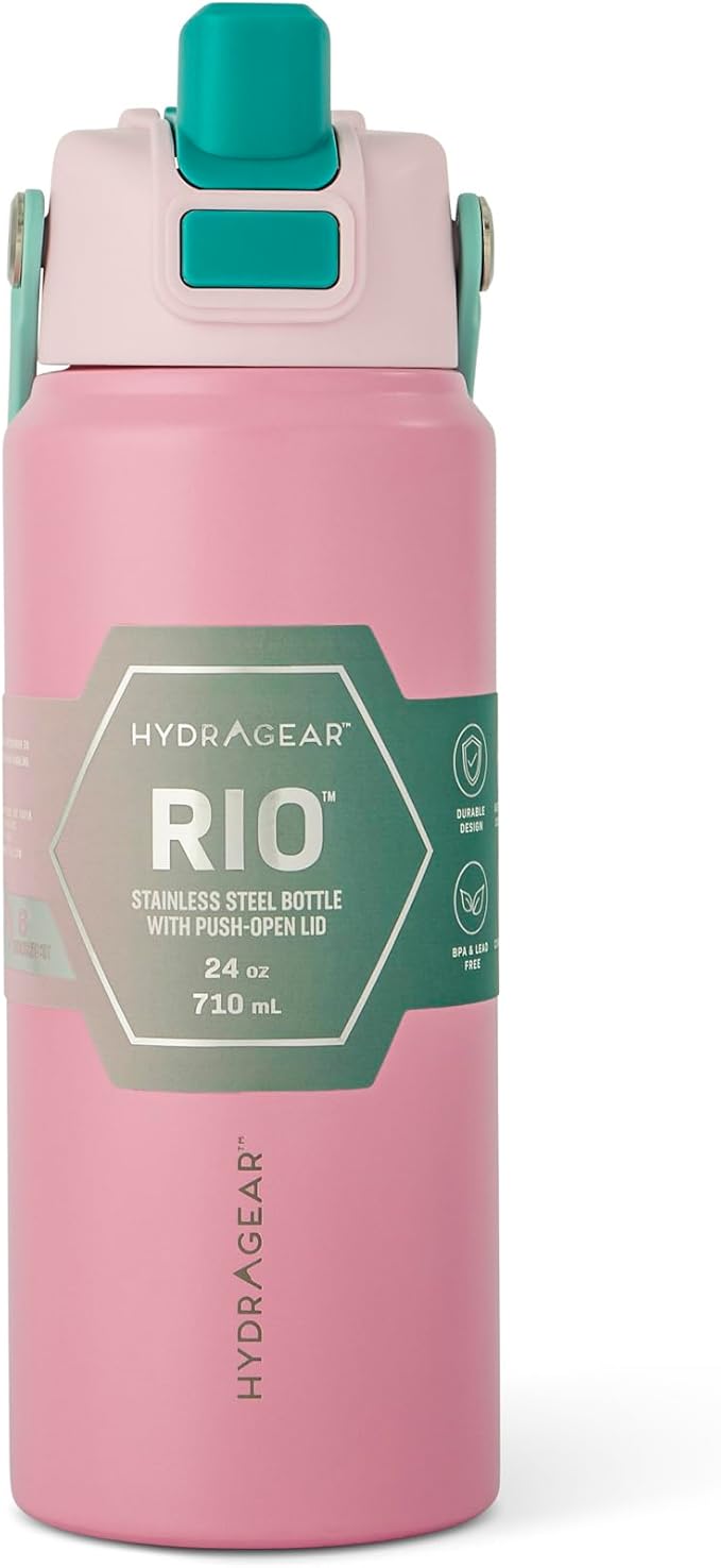 Hydragear RIO Stainless Steel Water Bottle – 24 oz – Double-Wall Vacuum Insulated with Push-Open Lid – BPA-Free - Carmine