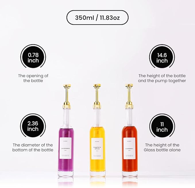 MoliMoli Coffee Syrup Dispenser for Coffee Bar, 350mlCoffee Pump Dispenser, Glass Syrup Bottle w. Pumps, Simple Syrup Dispenser w. Labels,Set of 2, (Gold)