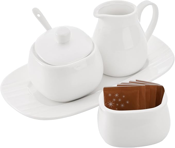 Dicunoy Set of 4 Sugar and Creamer Set, Small Creamer Pitcher with Handle for Coffee Bar, Sugar Bowl with Lid, Spoon and Tray, White Ceramic Sweetener Packet Container for Tea, Milk