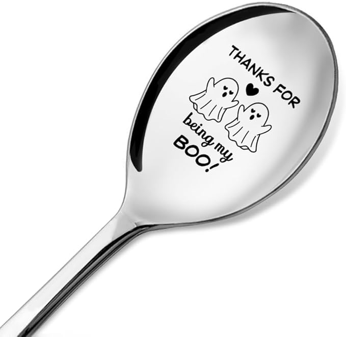 Thanks For Being My Boo Engraved Spoon, Cute Ghost Engraved Design Stainless Steel Spoon for Having Tea Coffee Eat Ice Cream, Hallowma Gifts for Friends Brother Sister Mom Dad