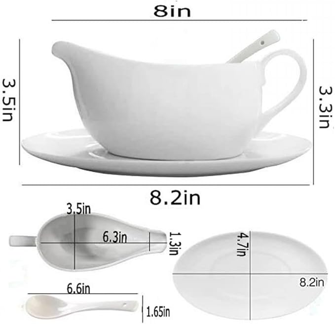 Qlans Gravy Boat With Ladle and Saucer 17 Oz,Ceramic Sauce Boat with Tray for Salad Dressings Milk,Warming Sauces,Creamer,Broth,Black Pepper,White (1 PCS New Gravy Boat With Ladle and Saucer)