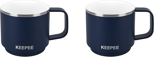 4 oz Stackable Cup with Handle, Vacuum Insulated Espresso Coffee Cup with Ceramic Coating, Stainless Steel, 2 Pack, Navy