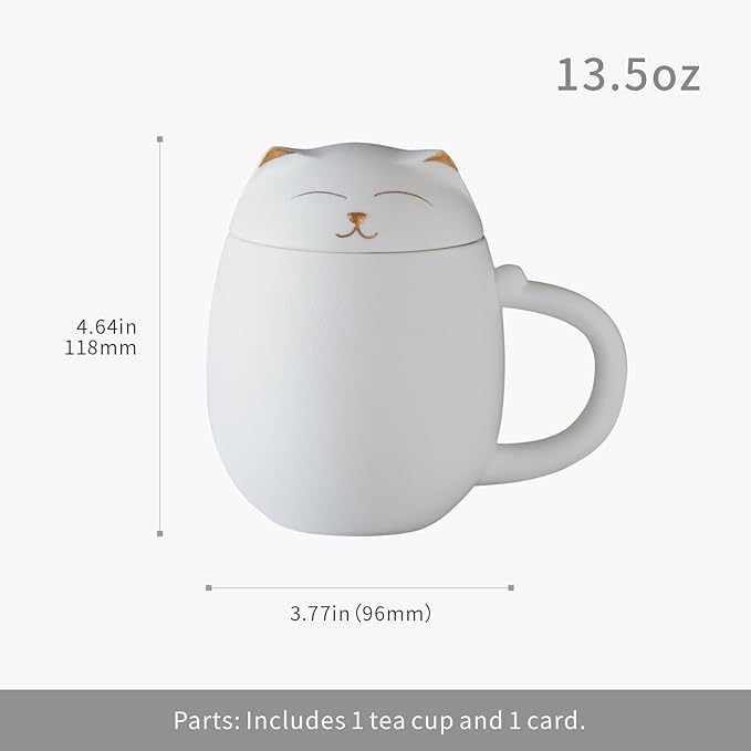 HEER Cat Tea Cup with Infuser and Lid, Cute Tea Mug with Strainer for Steeping Loose Leaf, Ceramic Teacup Birthday Christmas Cat Lover Gifts for Women, Men, Mom, Sisters, besties. (White)