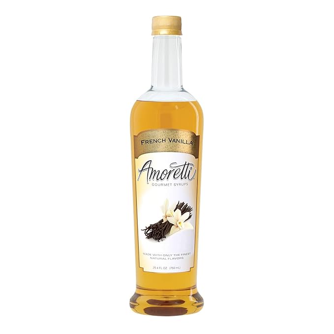 Amoretti - French Vanilla Gourmet Syrup 750 ml, Flavor Coffees, Teas, Cocktails, & other Beverages, and Drizzle on Desserts, Gluten Free, GMO/GEO Free, Preservative Free, 94 Servings Per Bottle