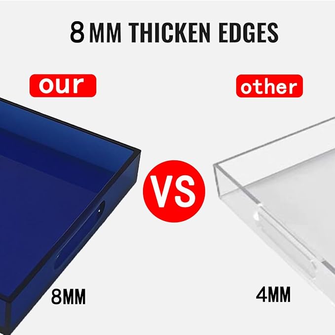 Sturdy 16" Acrylic Serving Tray with Handles - Ottoman Coffee Table Organizer for Food, Tea, Snacks, Vanity & Kitchen Countertop - Multi-Use for Bathroom, Living Room, Bar Parties (Dark Blue)