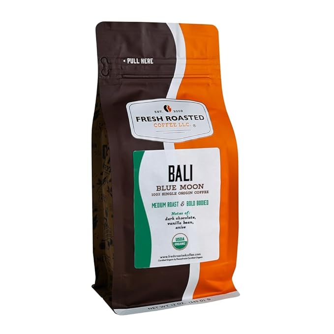 Fresh Roasted Coffee, Organic Bali Blue Moon | USDA Organic, Kosher | Medium Roast 12 oz Whole Bean