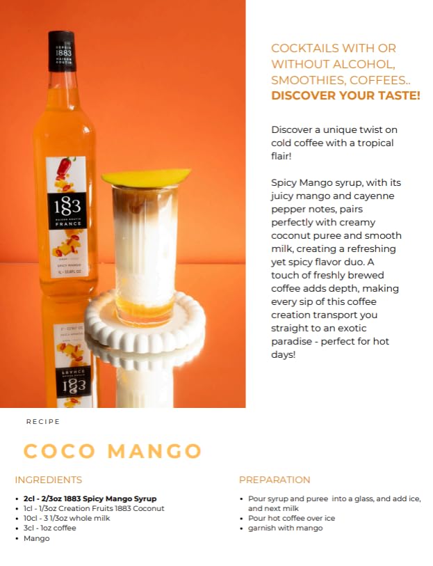 1883 Spicy Mango Syrup for Drinks, Made in France, 1 Liter Glass Bottle