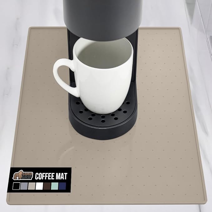 GORILLA GRIP Silicone Coffee Mat, Espresso Machine Bar Accessories, Keep Kitchen Counters Clean, Stays in Place, Waterproof and Heat Resistant Dish Drying Mats, Home Decor Essentials, 10x14, Almond