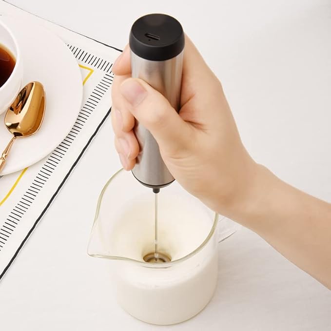 Kitchen small appliances Stainless Steel Rechargeable Milk Frother, Eco-Friendly Charging, Detachable Whisk for Lattes, Cappuccinos, Matcha, Hot Chocolate–Handheld Foam Maker with Metal Stand(Steel)