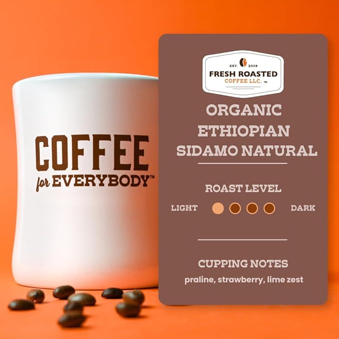 Fresh Roasted Coffee, Organic Ethiopian Sidamo Natural | USDA Organic, 100% Single Origin, Kosher | Light Roast 5 lb (80 oz) Whole Bean