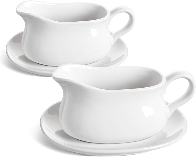 LE TAUCI 17oz Gravy Boat with Saucer Stand, Set of 2, Ceramic Sauce Boat with Tray for Salad Dressings, Creamer, Broth, Black Pepper, White