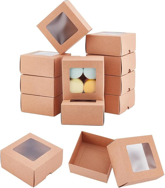 BENECREAT 12PCS Brown Kraft Paper Box with Clear Window, 3.94x3.94x1.97inch Square Kraft Paper Gift Box, Suitable for Wedding Party Gifts, Jewelry Packaging