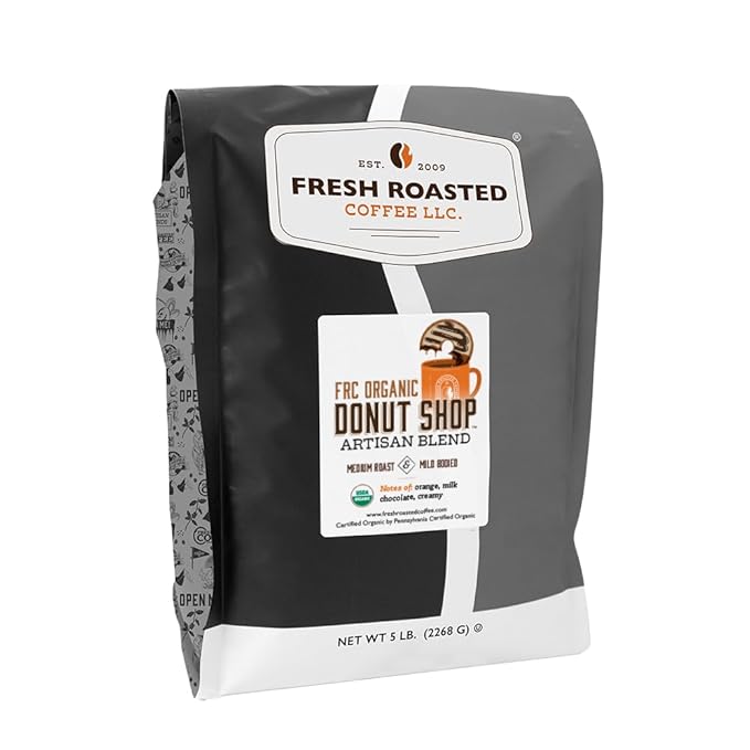 Fresh Roasted Coffee, Organic Donut Shop | USDA Organic, Kosher | Medium Roast 5 lb (80 oz) Whole Bean