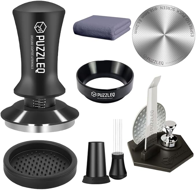 9 Pcs 58mm Espresso Accessories Kit, Spring Loaded Calibrated Tamper,mat，WDT Tool，Dosing Funnel，Puck Screen kit，Basket Removal Tool ，Cleaning ClothSet,Fits 58mm Espresso Coffee Machines(58MM)