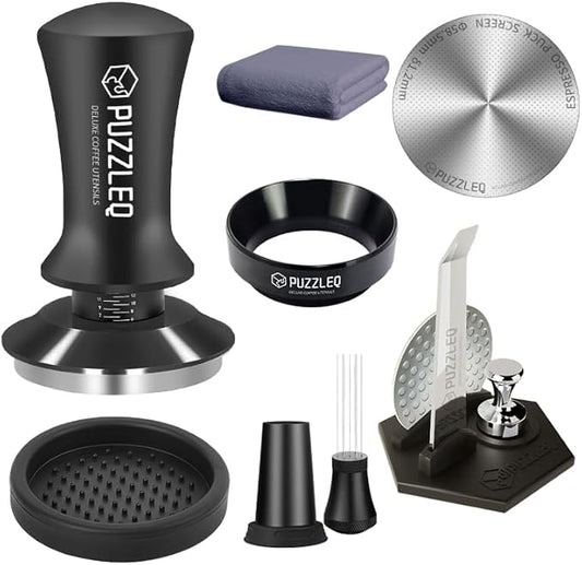 9 Pcs 58mm Espresso Accessories Kit, Spring Loaded Calibrated Tamper,mat，WDT Tool，Dosing Funnel，Puck Screen kit，Basket Removal Tool ，Cleaning ClothSet,Fits 58mm Espresso Coffee Machines(58MM)