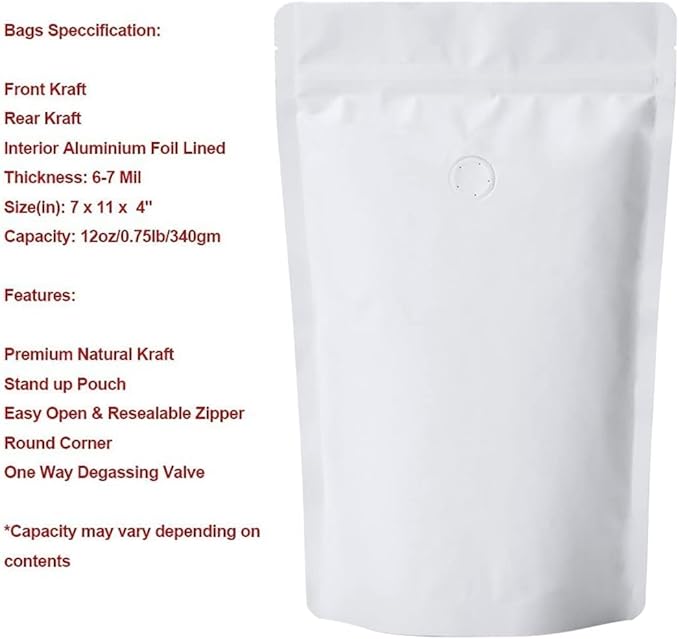 12 Ounce 50 Pieces White Kraft Coffee Bags with Ziplock - High Barrier Natural Kraft Paper Stand up Coffee Pouches with One Way Degassing Valve & Zipper (50, 12oz/0.75lb/340gram)