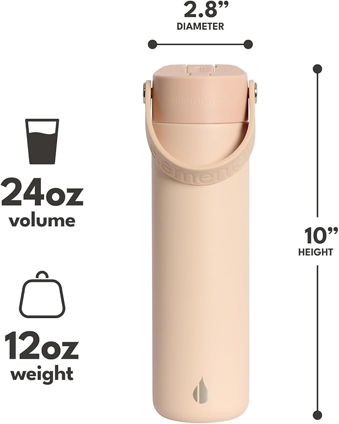 Elemental 24oz Insulated Water Bottle with Straw - 100% Leak-Proof Stainless Steel Core Water Bottles for Travel, Sports and Gym - Double Wall Insulation & BPA Free - Beige