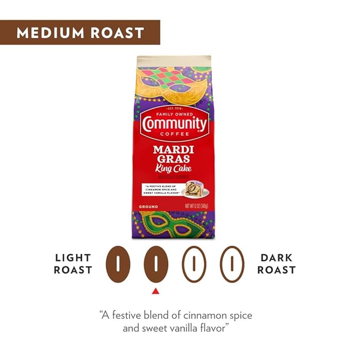 Community Coffee Mardi Gras King Cake Flavored 32 Ounces, Medium Roast Ground Coffee, 32 Ounce Bag (Pack of 2)
