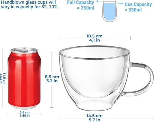 ecooe Double Walled Glass Coffee Mug 12 oz Latte Cappuccino Cups Set of 2, Clear Glass Coffee Cups with Handle, 350 ml Insulated Coffee Cup Borosilicate Heat Resistant Glass Mug Tea Cup