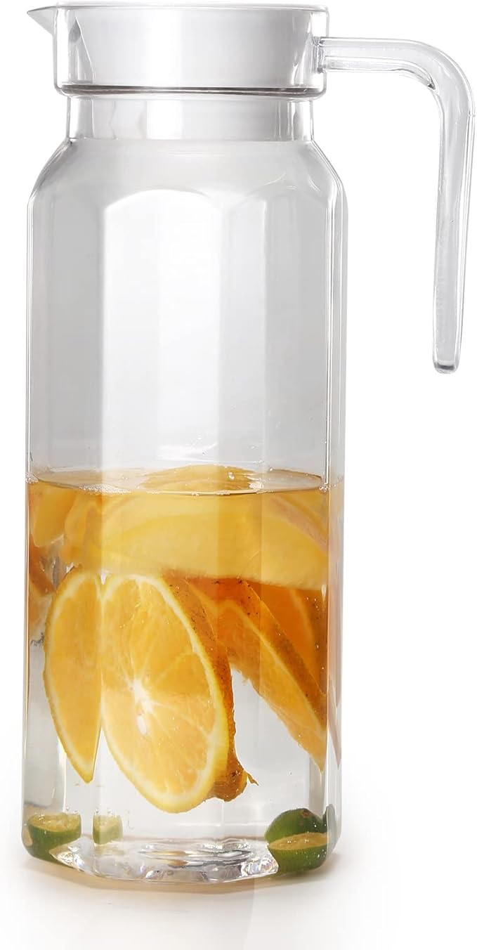 Acrylic Pitcher 37 oz, OEH Unbreakable Clear Plastic Pitcher with Lid, BPA-Free, Heat-Resistant Small Plastic Water Pitcher for Tea, Sangria, Lemonade, Juice, Milk, Octagonal