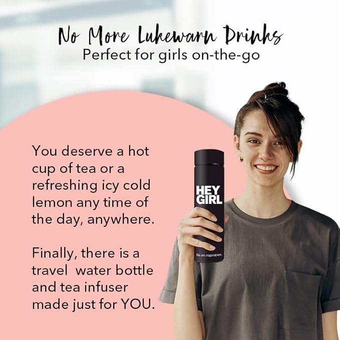 Hey Girl Tea Infuser Bottle 450ml - Insulated Stainless Steel Water Bottle - Tea Tumbler with Tea Diffuser - Portable Travel Mug for Loose Leaf Tea & Infused Water - Tea Lovers Gifts for Women