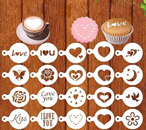 KaKuta Valentine's Day Cookie Stencils Coffee Cake Templates Decoration,20 Pcs Reusable Heart Love Powder Sieve Template for Coffee, Cake Stencils Decorating Baking Painting Mold Tools