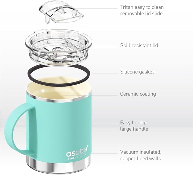 asobu Ultimate Stainless Steel Ceramic Inner Coating Coffee Mug with Double Walled Copper Lining Insulation,12 Ounces - Valentin's Day Gift (Mint Green)