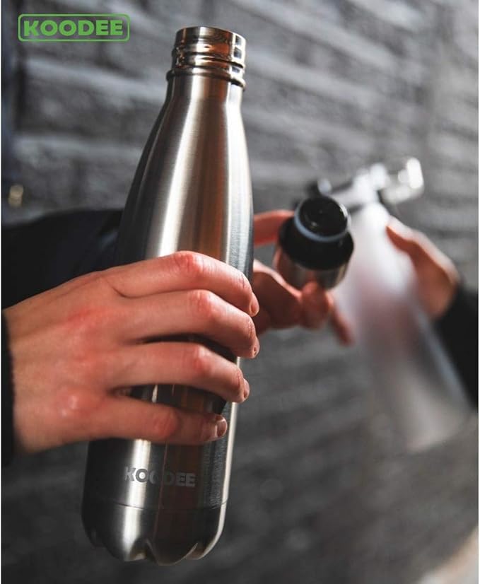 koodee Insulated Stainless Steel Water Bottle(2 Pack) Double Wall Vacuum Leak Proof Sports Water Bottle, 17 oz Cola Shape Travel Thermal Flask(2 Pack Stainless Steel)