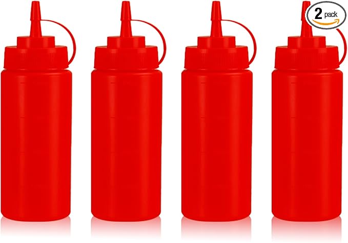 Squeeze Bottles for Sauces,Leak-Proof Condiment Dispenser, BPA-Free Kitchen Restaurant Squeeze Bottle Set with Wide Mouth for Ketchup, Mustard,Syrup,Dressings (Red, 4Pack-16oz(400ml))