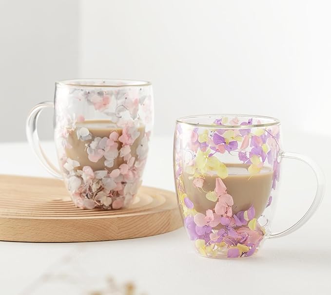 Double Glass Flower Tea Cup, Aesthetic Preserved Flower Cup, Cute Insulated Tea Cup with Handle, Heat Resistant & Lead-free Coffee Mugs, Gifts for Birthday Mother's Day, Perfect for Women Wife Mom (F)