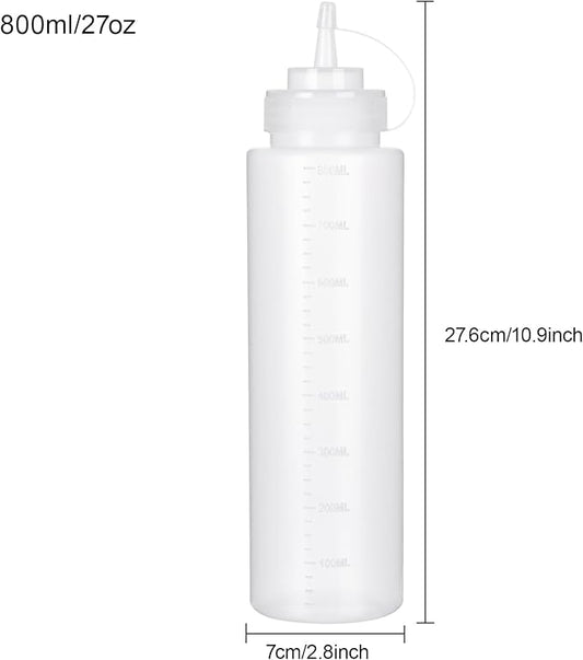 Katfort Squeeze Bottles for Sauces 2 Pack, 27 Ounce 800ml Plastic Dressing Squirt Bottles with Cap Lids, Condiment Bottle for Liquids BBQ Dressing Pancake Art Dispenser