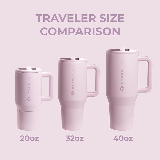 HydroJug Traveler - 40 oz Water Bottle with Handle & Flip Straw - Fits in Cup Holder, Leak Resistant Tumbler-Reusable Insulated Stainless Steel & Rubber Base - Gifts for Women & Men, Sweet Pea