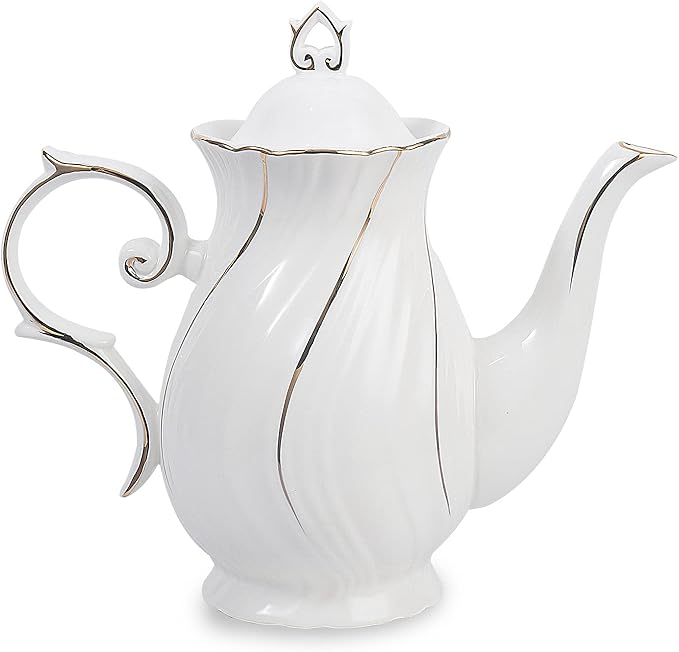 tea pot ceramic with lid, 38.8 Oz for Tea, Milk, Coffee, Flower tea(White with gold thread)