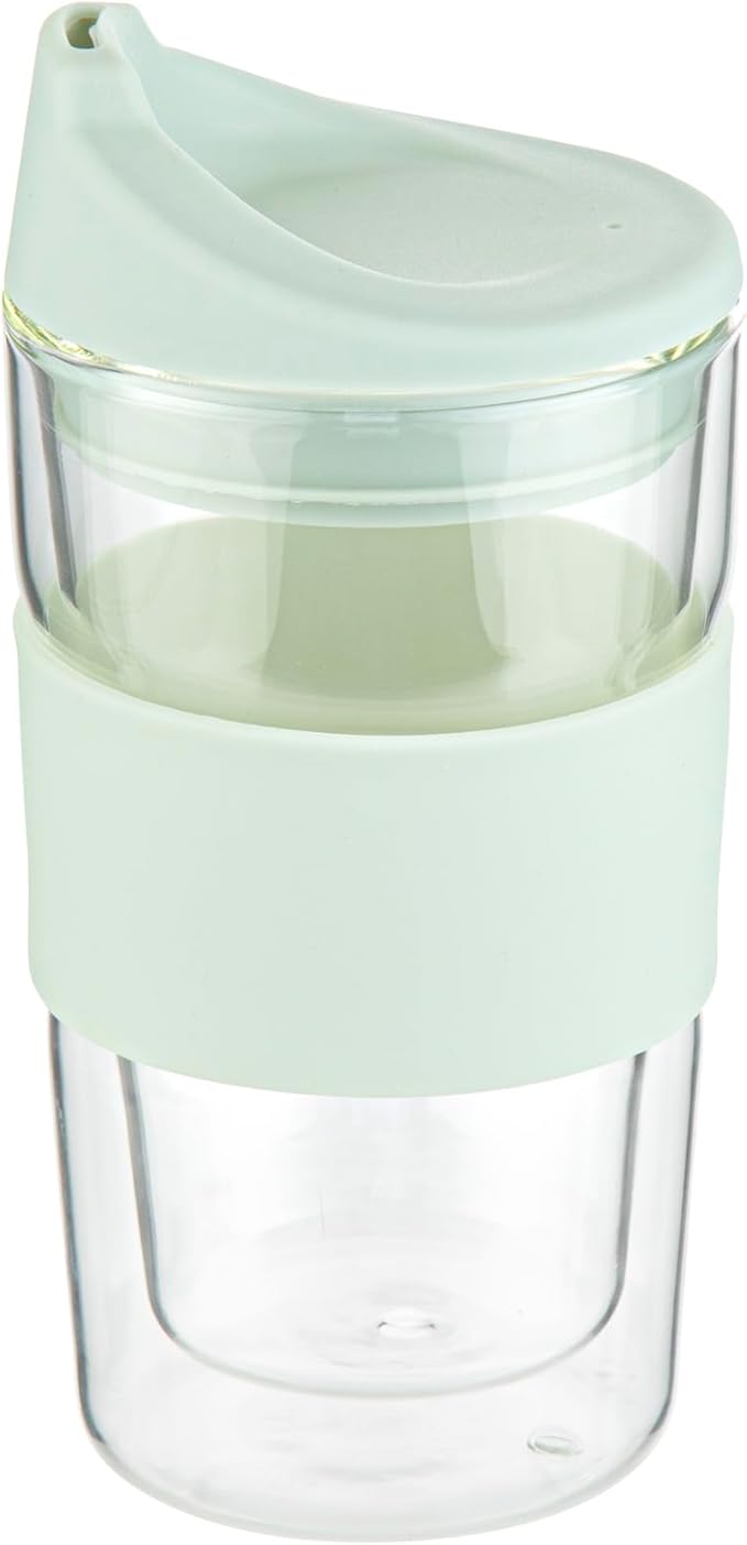 Restaurantware Glass Travel Mug 1 Count 12 Ounce Double Wall Borosilicate Reusable Coffee Cup, Spill-Resistant Mint Green Silicone Lid, Clear Drinkware Mug for Hot and Cold Beverages